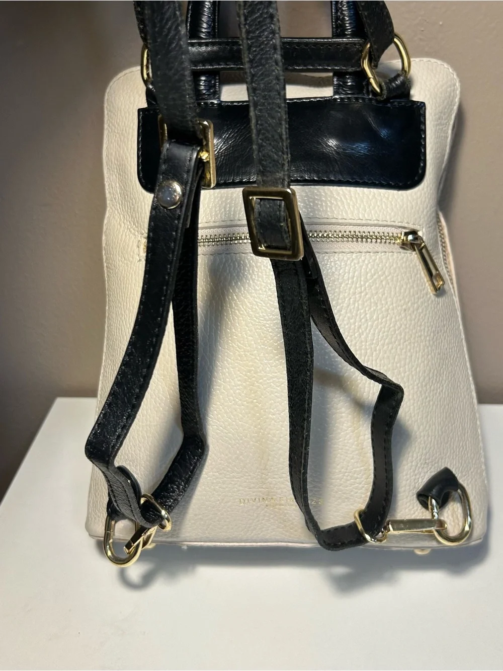 Divina Firenze Leather Convertible Backpack Crossbody Black White Minimal